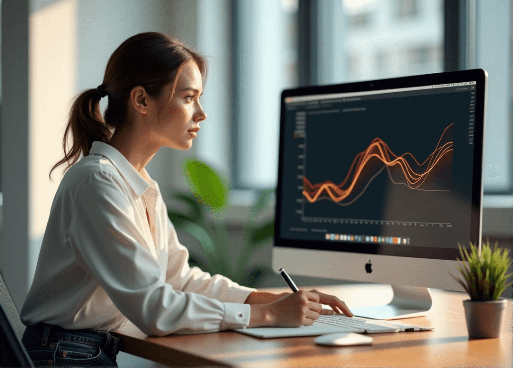"A young woman sits in a minimalist office, intensely studying sentiment analysis data on her computer screen with notes by her side."