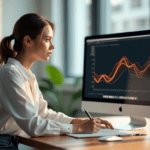 "A young woman sits in a minimalist office, intensely studying sentiment analysis data on her computer screen with notes by her side."