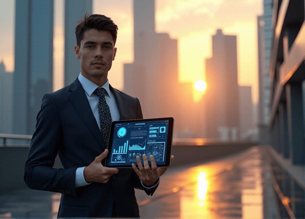 "A young professional stands confidently in front of a modern cityscape at sunset, holding a tablet displaying data analytics and AI automation tools."