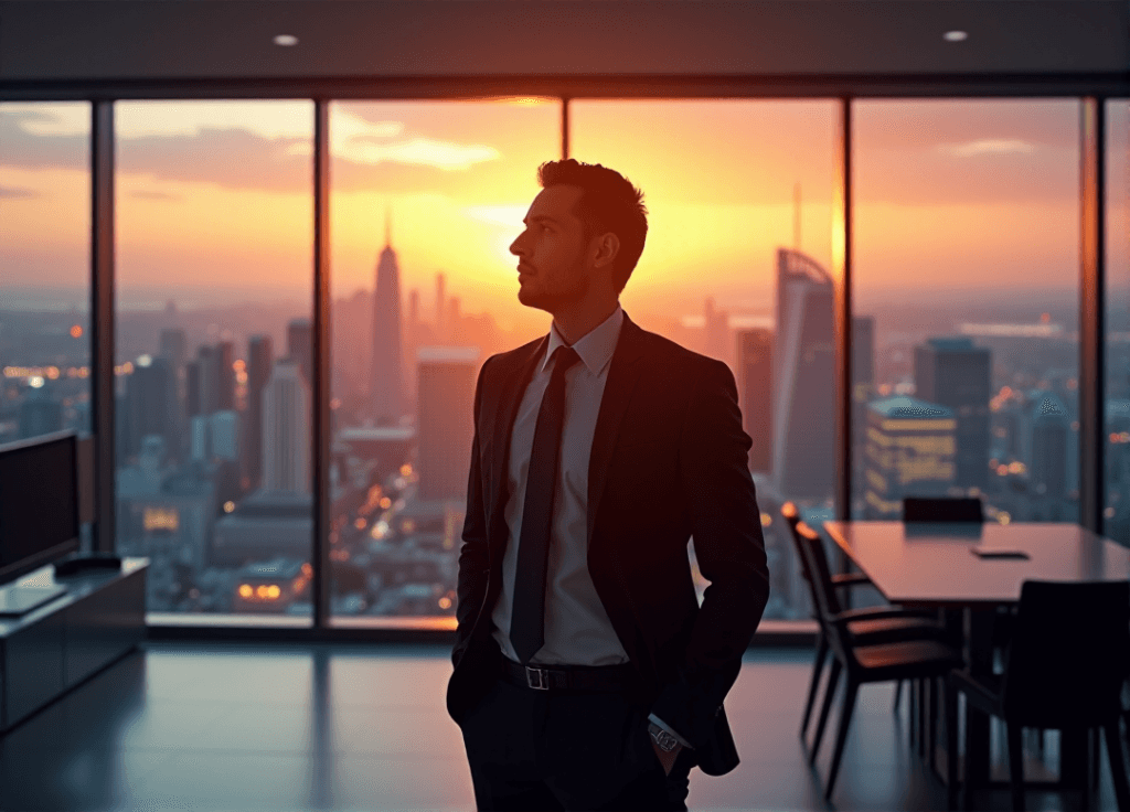 "A confident business executive stands in front of a cityscape at sunset, eyes narrowed in focus as they analyze data insights, exuding authority with AI automation skills."