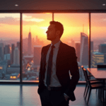 "A confident business executive stands in front of a cityscape at sunset, eyes narrowed in focus as they analyze data insights, exuding authority with AI automation skills."