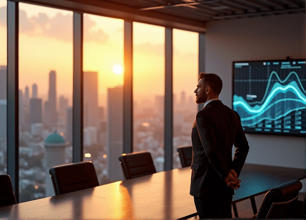 "A high-stakes executive stands confidently in a modern conference room, gazing out at a cityscape with AI-driven market analysis on display."