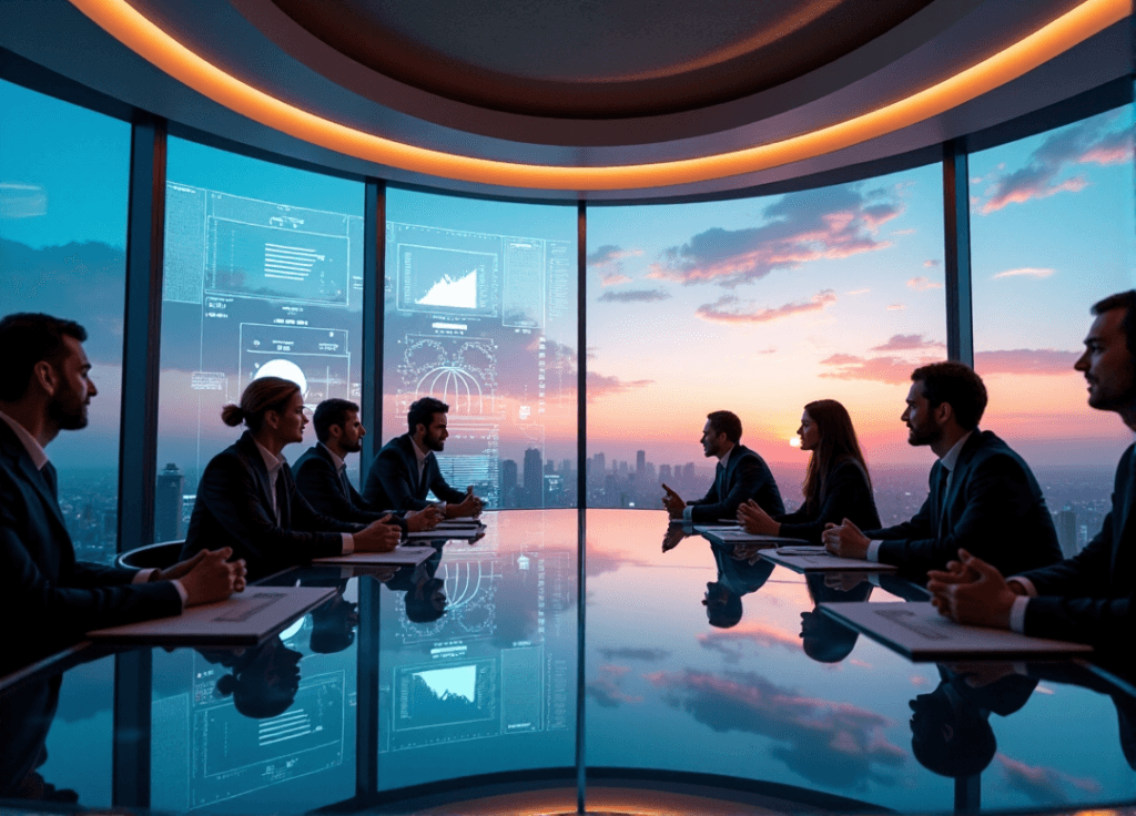 "A diverse group of business professionals gathered around a conference table, engaged with AI-driven data visualizations on a massive digital display."