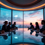 "A diverse group of business professionals gathered around a conference table, engaged with AI-driven data visualizations on a massive digital display."