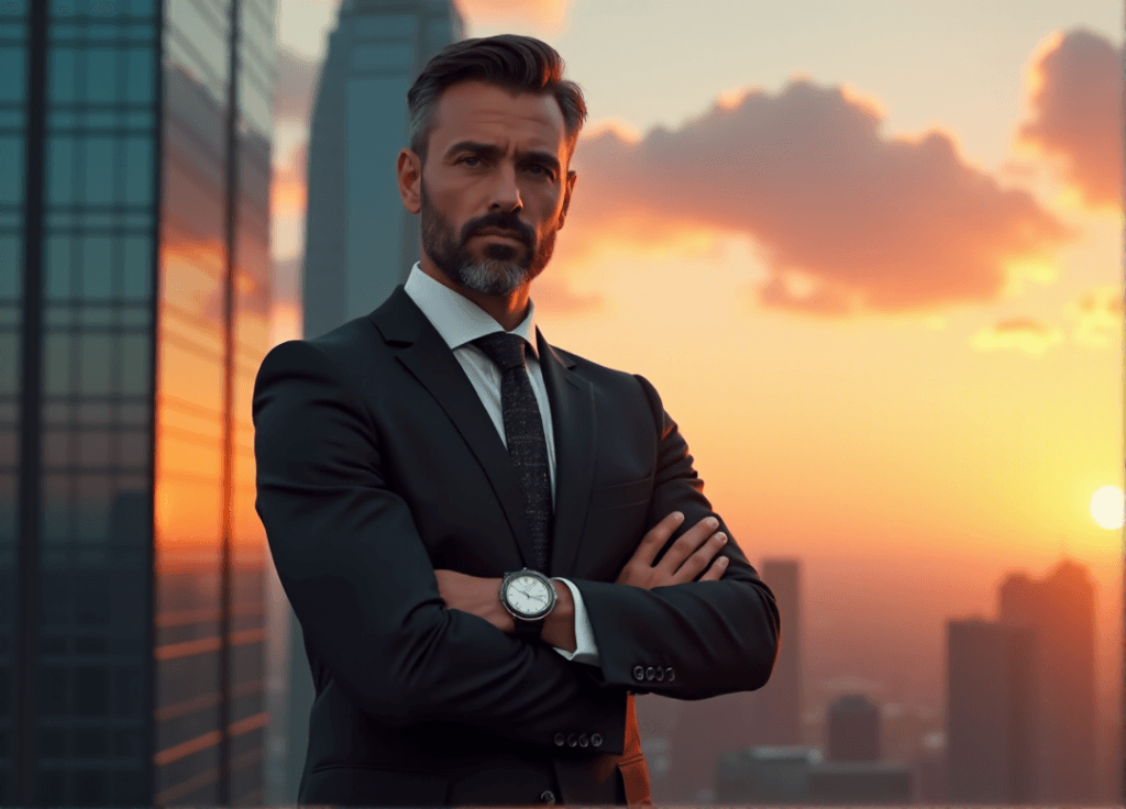 "A confident business executive stands in front of a sleek skyscraper at sunset, exuding mastery over AI automation skills amidst a vibrant cityscape."