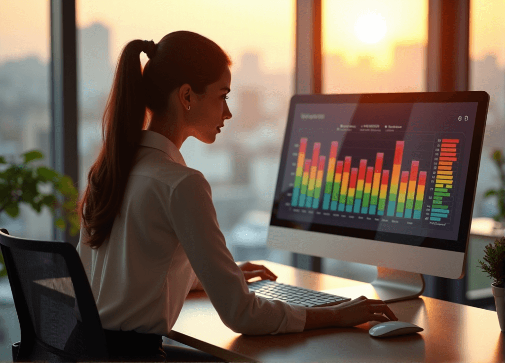 "A young business analyst intensely focuses on a data visualization graph behind her, unlocking deeper customer insights with AI automation skills."