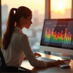 "A young business analyst intensely focuses on a data visualization graph behind her, unlocking deeper customer insights with AI automation skills."