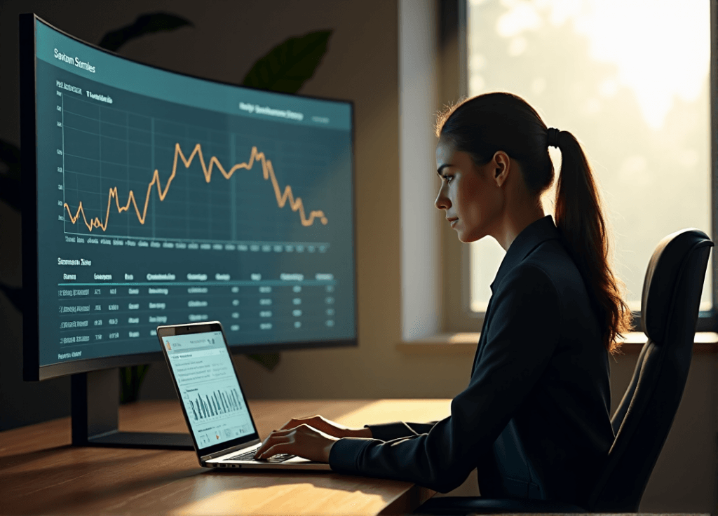 "A young businesswoman studies data visualization on a large screen behind her, with a laptop open to a spreadsheet in front, conveying focus and determination as she leverages AI automation skills for customer insights."