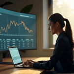 "A young businesswoman studies data visualization on a large screen behind her, with a laptop open to a spreadsheet in front, conveying focus and determination as she leverages AI automation skills for customer insights."