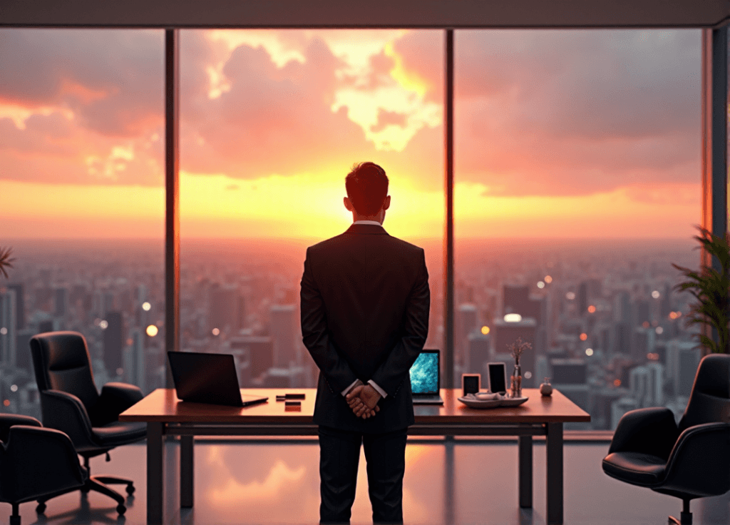 "A business executive stands confidently in front of a glass wall with a cityscape view at sunset, surrounded by high-tech gadgets and an AI-powered predictive analytics system."