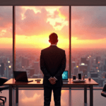 "A business executive stands confidently in front of a glass wall with a cityscape view at sunset, surrounded by high-tech gadgets and an AI-powered predictive analytics system."