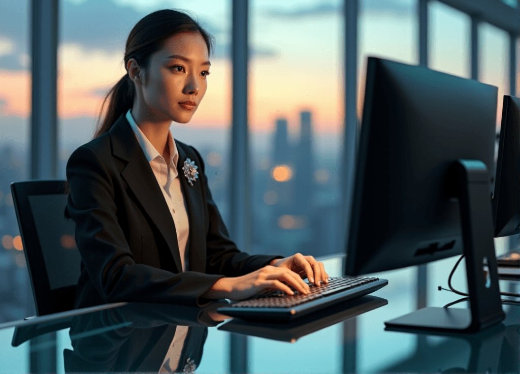 "A young professional sits confidently at a minimalist desk in a futuristic office space with state-of-the-art computer screens and machinery, highlighting AI Automation Skills."