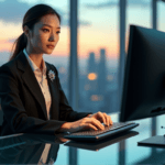 "A young professional sits confidently at a minimalist desk in a futuristic office space with state-of-the-art computer screens and machinery, highlighting AI Automation Skills."