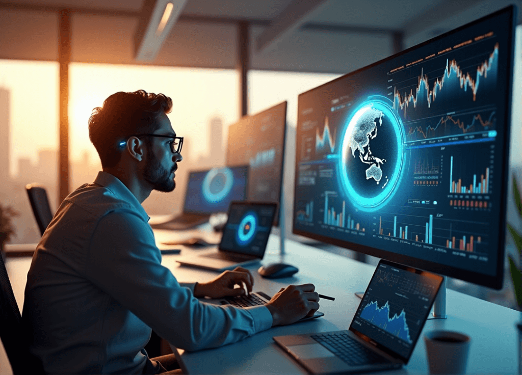 "A professional market researcher sits at a modern desk, intensely analyzing data on a touchscreen monitor with a 3D globe spinning in the background, wearing high-tech glasses and holding a wireless stylus."