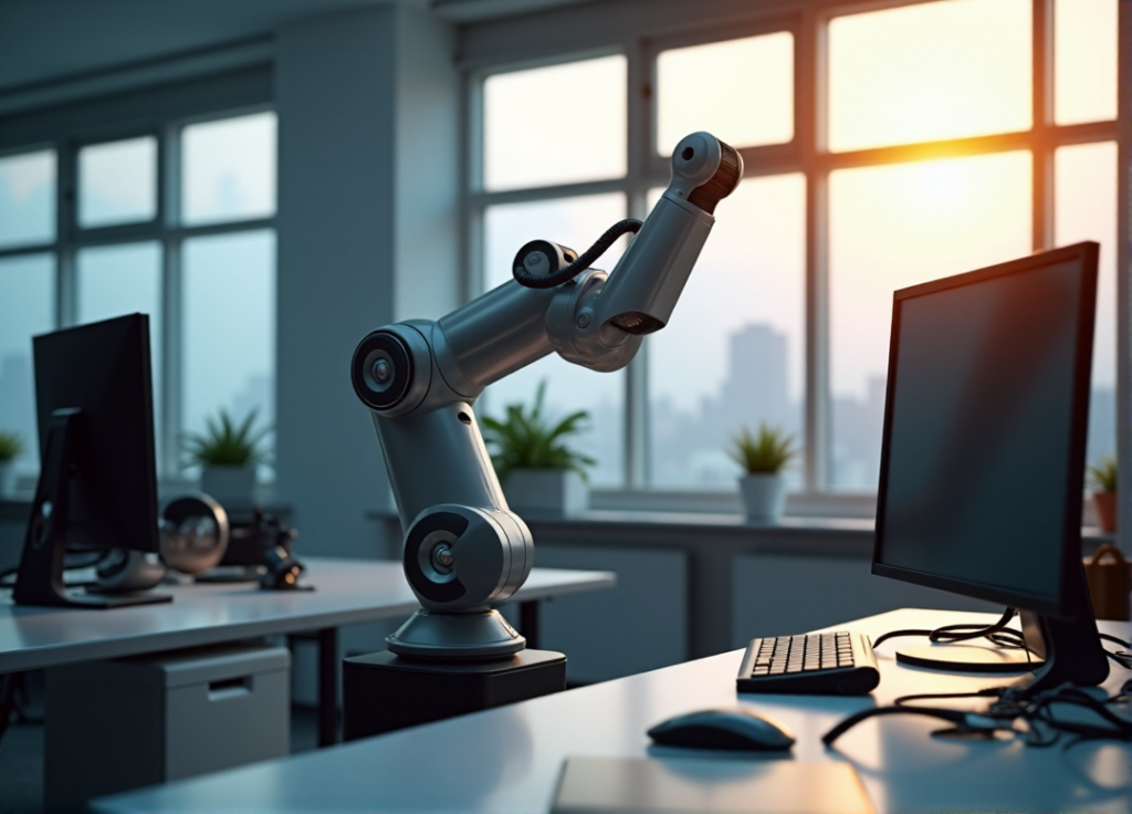 "An office workspace featuring a sleek robotic arm integrated into a modern desk, surrounded by computer screens and machinery, showcasing AI automation skills in action."