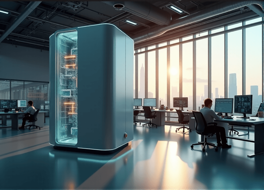 "A futuristic laboratory with a large AI-powered computer console at its center, surrounded by high-tech workstations and natural light."