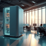 "A futuristic laboratory with a large AI-powered computer console at its center, surrounded by high-tech workstations and natural light."