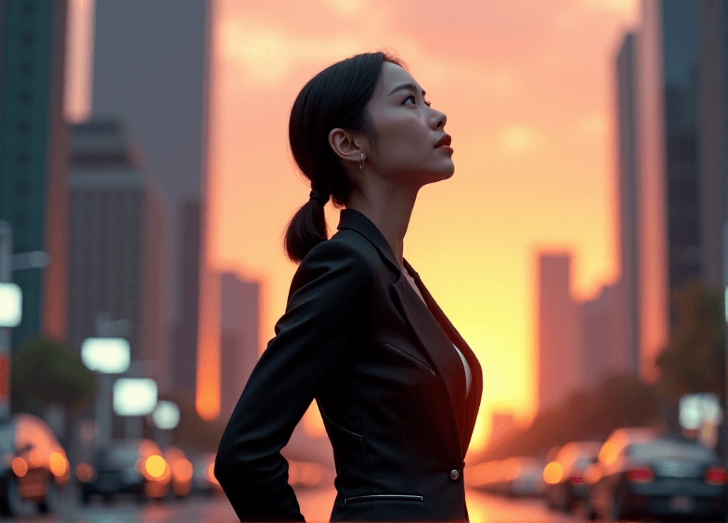 "A young Asian woman in a sleek black business suit stands confidently before a futuristic cityscape at sunset, exuding determination with AI automation skills."