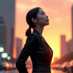 "A young Asian woman in a sleek black business suit stands confidently before a futuristic cityscape at sunset, exuding determination with AI automation skills."