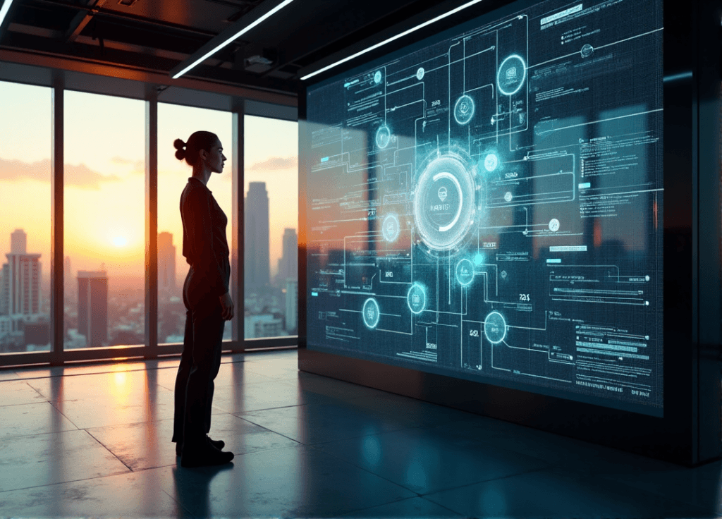 "A futuristic control room scene featuring a figure in a black jumpsuit standing confidently in front of a massive screen displaying AI automation systems, with a serene cityscape view through floor-to-ceiling windows."