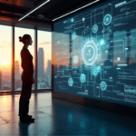 "A futuristic control room scene featuring a figure in a black jumpsuit standing confidently in front of a massive screen displaying AI automation systems, with a serene cityscape view through floor-to-ceiling windows."