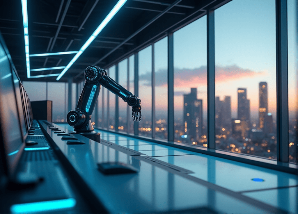"A futuristic control room with a sleek robotic arm, AI automation skills in action, amidst a cityscape at dusk."