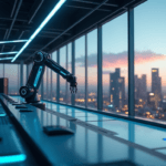 "A futuristic control room with a sleek robotic arm, AI automation skills in action, amidst a cityscape at dusk."
