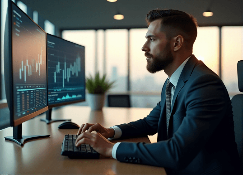 "A business professional sits at a minimalist desk, analyzing market trends on large screens with intricate data visualizations, showcasing AI automation skills in a modern office setting."