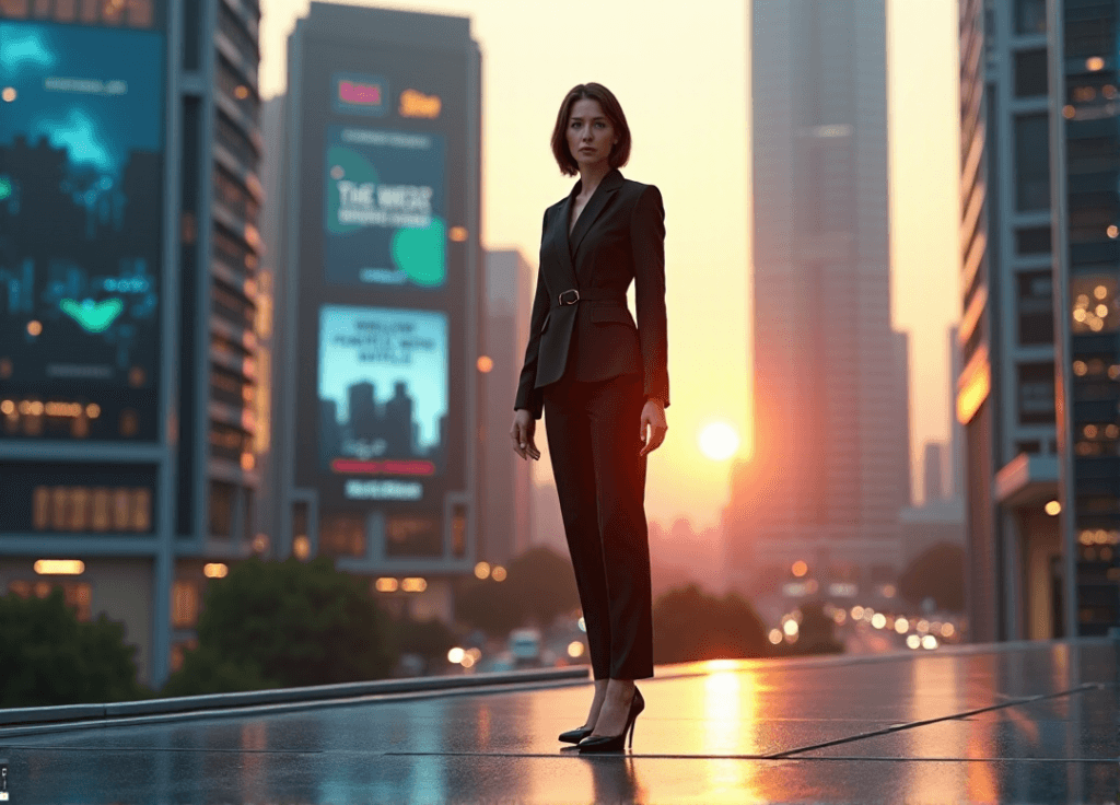"A middle-aged woman in a metallic black suit stands confidently against a futuristic cityscape at sunset, embodying AI-driven innovation and automation skills."