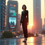 "A middle-aged woman in a metallic black suit stands confidently against a futuristic cityscape at sunset, embodying AI-driven innovation and automation skills."