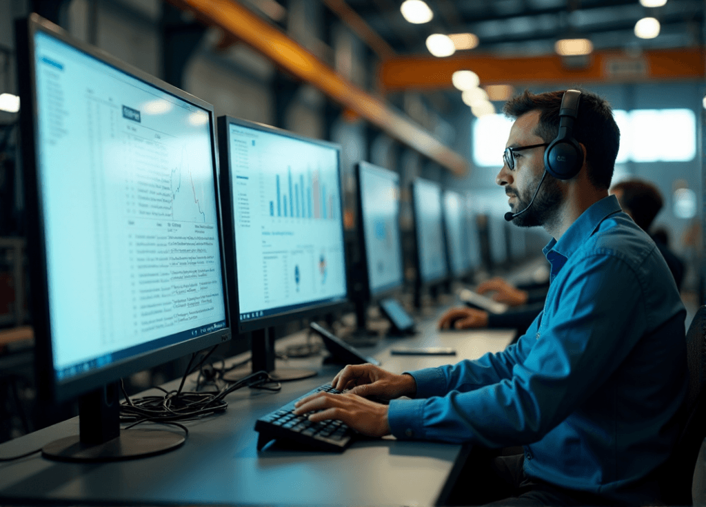 "An industrial control room with a focused engineer monitoring production metrics on a large computer screen, surrounded by high-tech machinery and colleagues working efficiently."