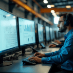 "An industrial control room with a focused engineer monitoring production metrics on a large computer screen, surrounded by high-tech machinery and colleagues working efficiently."