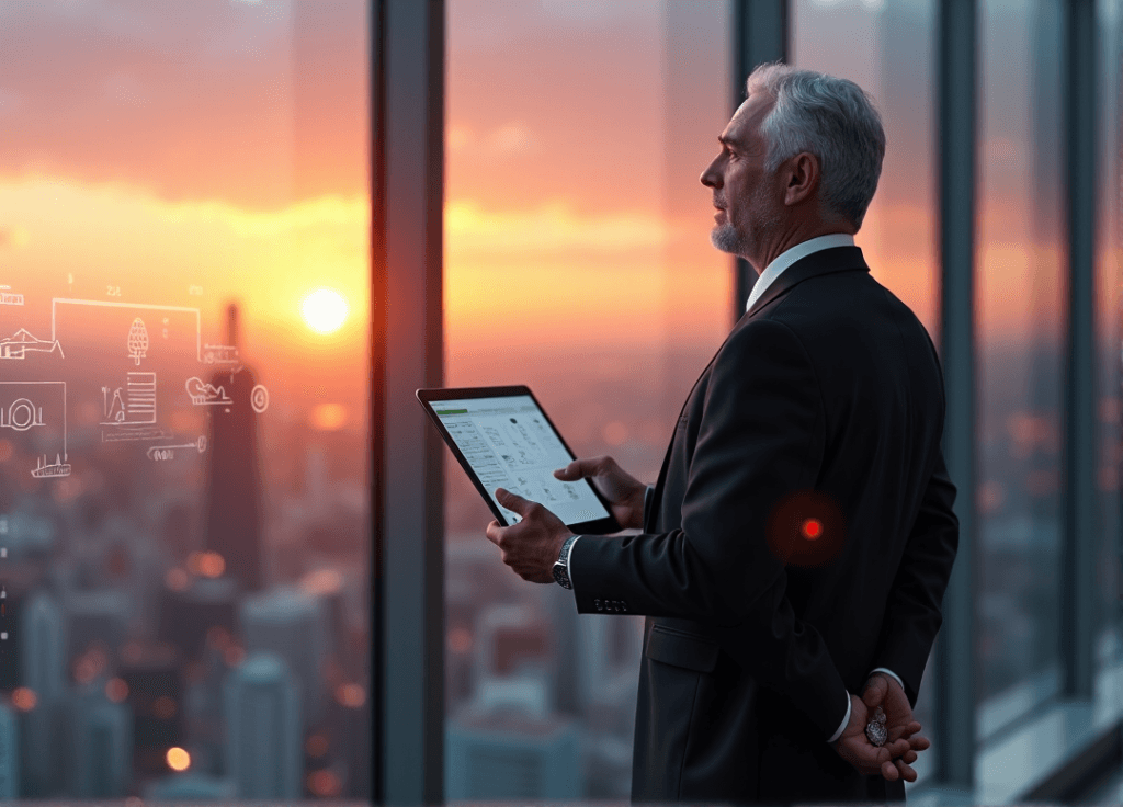 "A middle-aged executive stands confidently in front of a modern glass wall, gazing intently at an augmented reality interface displaying AI-generated insights on a sleek tablet."
