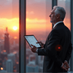 "A middle-aged executive stands confidently in front of a modern glass wall, gazing intently at an augmented reality interface displaying AI-generated insights on a sleek tablet."