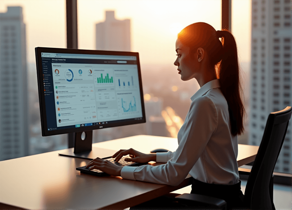 "A young professional woman analyzes customer sentiment data on her laptop at a modern desk with a cityscape view, showcasing AI automation skills in action."