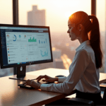 "A young professional woman analyzes customer sentiment data on her laptop at a modern desk with a cityscape view, showcasing AI automation skills in action."