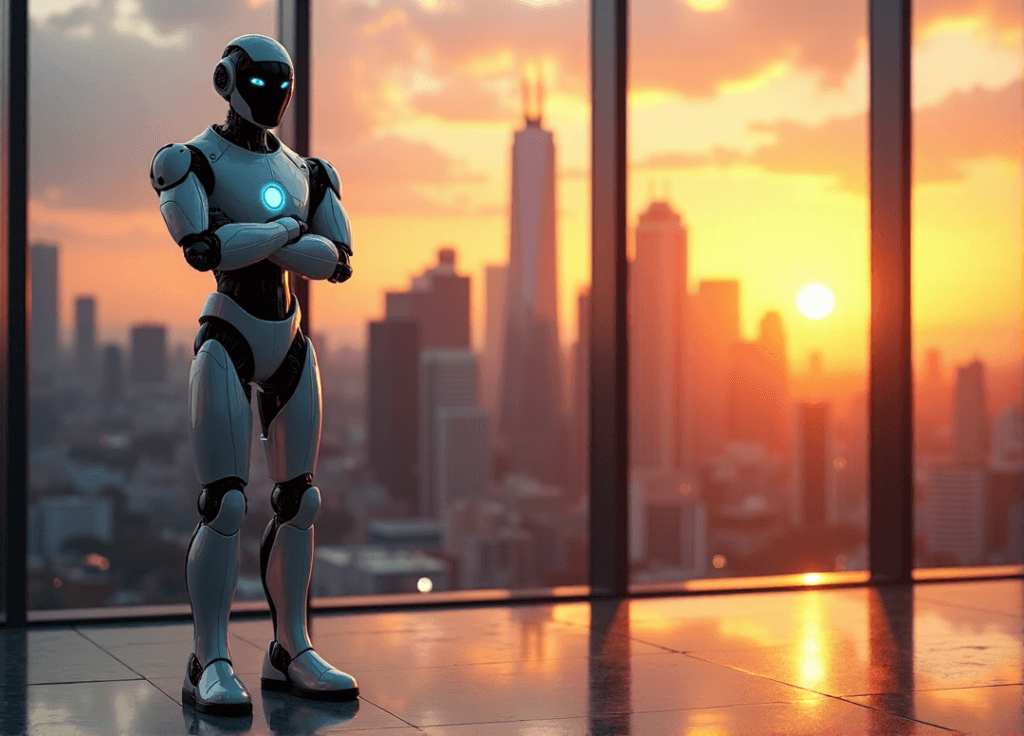 "A futuristic AI-powered robot stands confidently at a finance business headquarters, reflecting sunset hues with glowing blue eyes, amidst a vibrant cityscape."