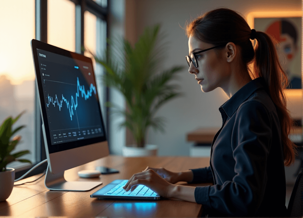 "A young woman studies customer sentiment analysis data on a computer screen while using an AI-powered tablet in a modern office with warm natural light."