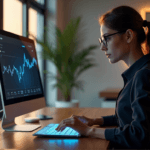 "A young woman studies customer sentiment analysis data on a computer screen while using an AI-powered tablet in a modern office with warm natural light."