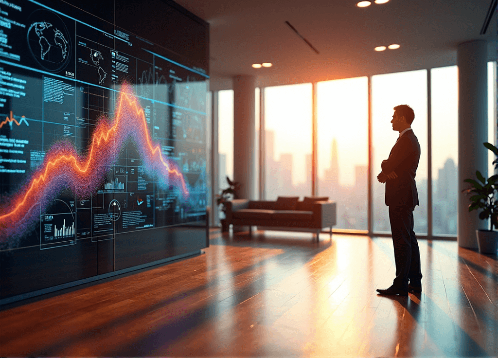 "A business executive stands confidently in front of a data visualization display, analyzing market trends with AI automation skills."
