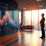 "A business executive stands confidently in front of a data visualization display, analyzing market trends with AI automation skills."