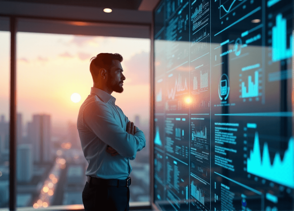 "Operations manager in a high-tech control room monitoring AI-driven business metrics and workflow efficiency on a real-time dashboard."