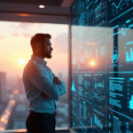 "Operations manager in a high-tech control room monitoring AI-driven business metrics and workflow efficiency on a real-time dashboard."