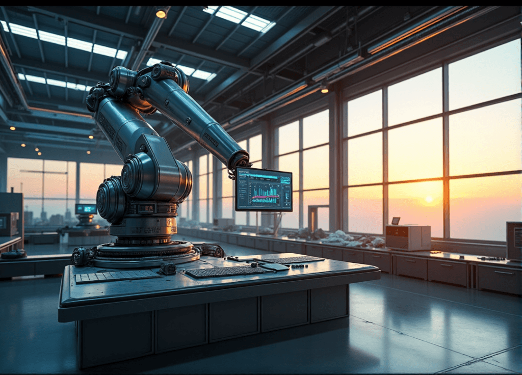 "A futuristic control room with a robotic arm suspended above high-speed conveyor belts and precision machinery, showcasing AI automation skills in action."