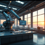 "A futuristic control room with a robotic arm suspended above high-speed conveyor belts and precision machinery, showcasing AI automation skills in action."
