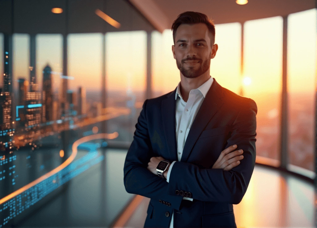 "A business executive stands confidently in front of a high-tech glass wall displaying a dynamic cityscape at sunset, embodying future-proof success with AI automation skills integrated into their attire."