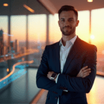 "A business executive stands confidently in front of a high-tech glass wall displaying a dynamic cityscape at sunset, embodying future-proof success with AI automation skills integrated into their attire."