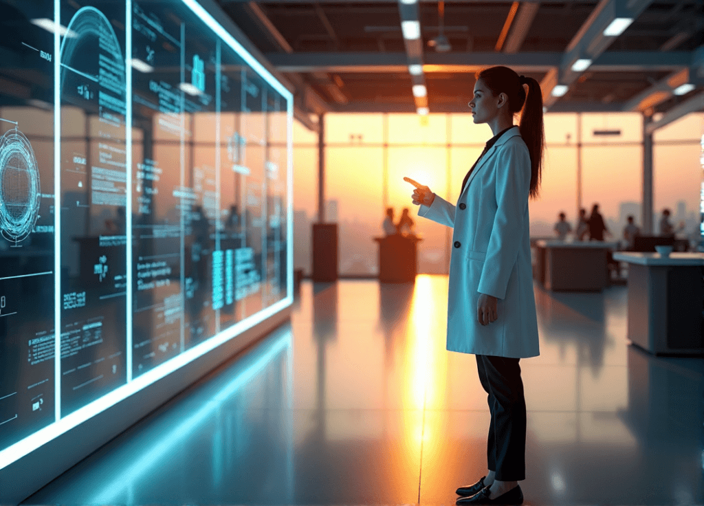 "A young woman in a lab coat stands confidently near an AI innovation hub, surrounded by holographic displays and futuristic technology, with a city skyline visible through floor-to-ceiling windows."