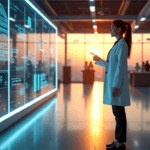 "A young woman in a lab coat stands confidently near an AI innovation hub, surrounded by holographic displays and futuristic technology, with a city skyline visible through floor-to-ceiling windows."