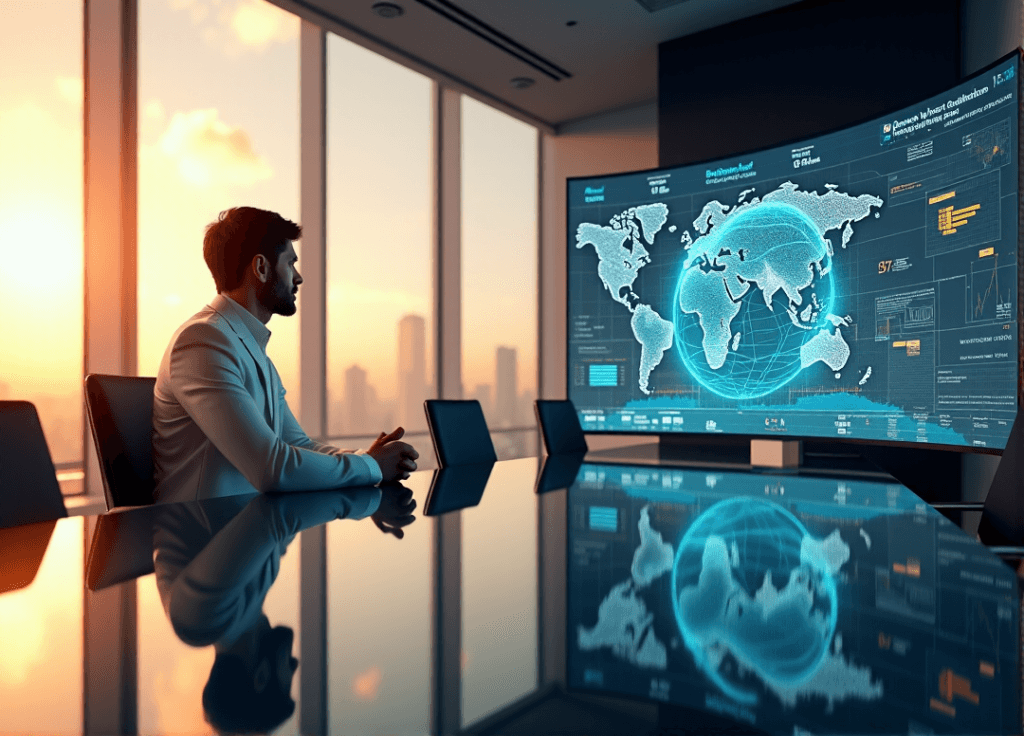 "A market research analyst sits confidently at a conference table, gazing at an LED screen displaying intricate data visualizations and AI-generated insights, showcasing their AI automation skills."